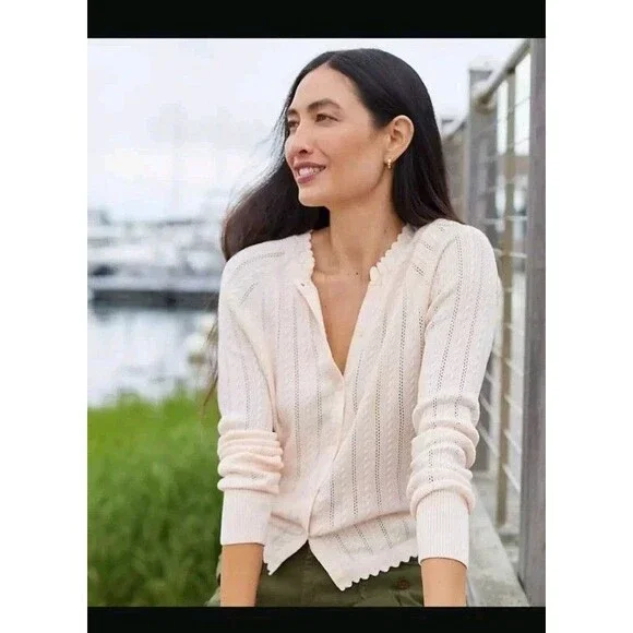 Lands End peachy cable knit cardigan with satin trim size S - Picture 1 of 9